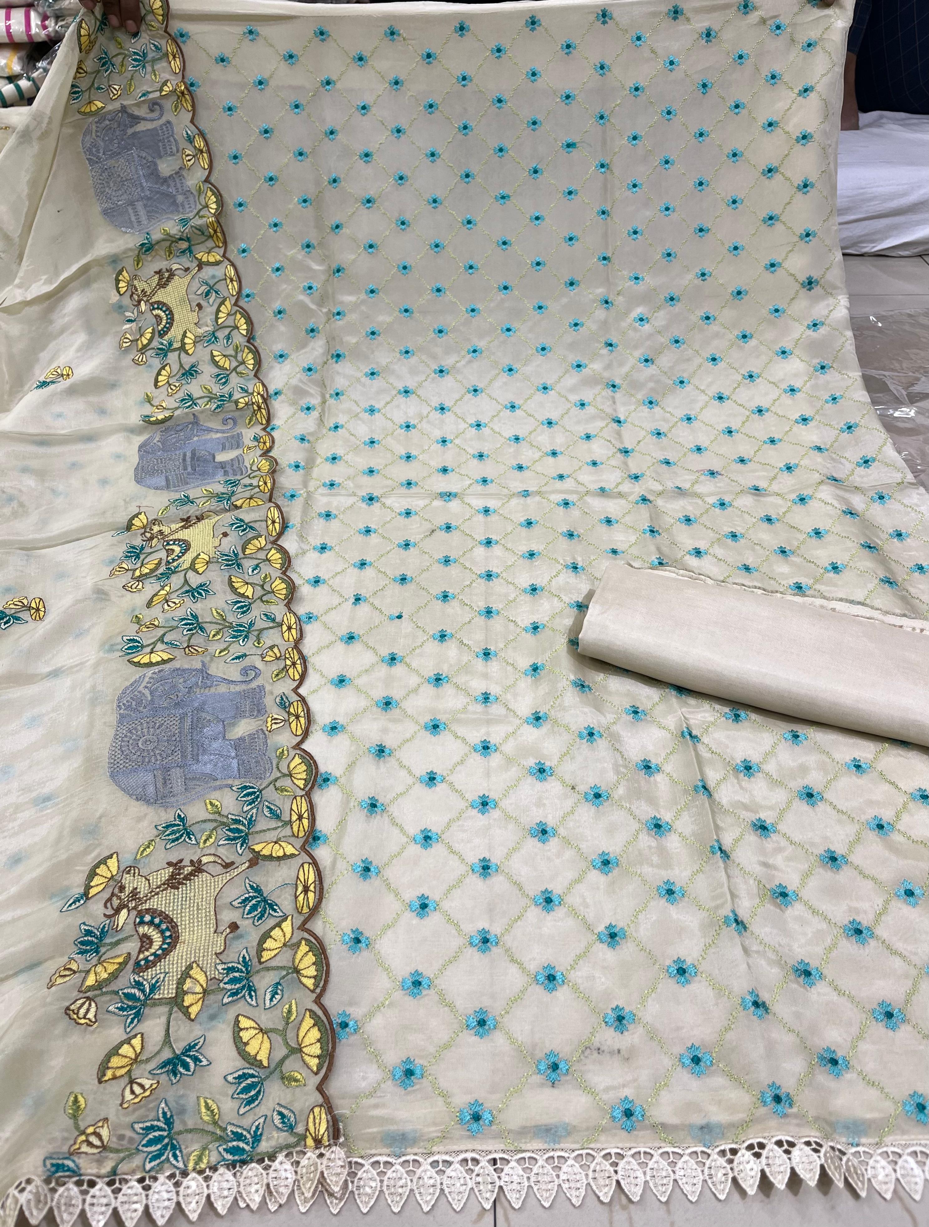 Glass Organza Simar Silk Suit with Opada Bottom & Shimmer Embroidered Dupatta