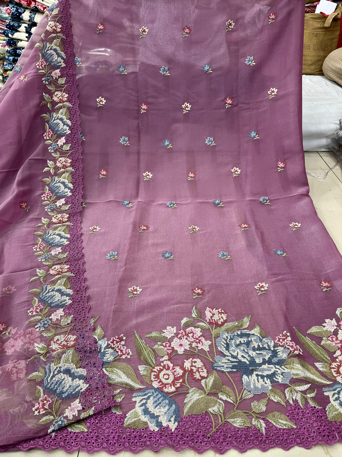 Gold Organza Crush Embroidered Suit with Rayon Bottom & Shimmer Embroidered Dupatta