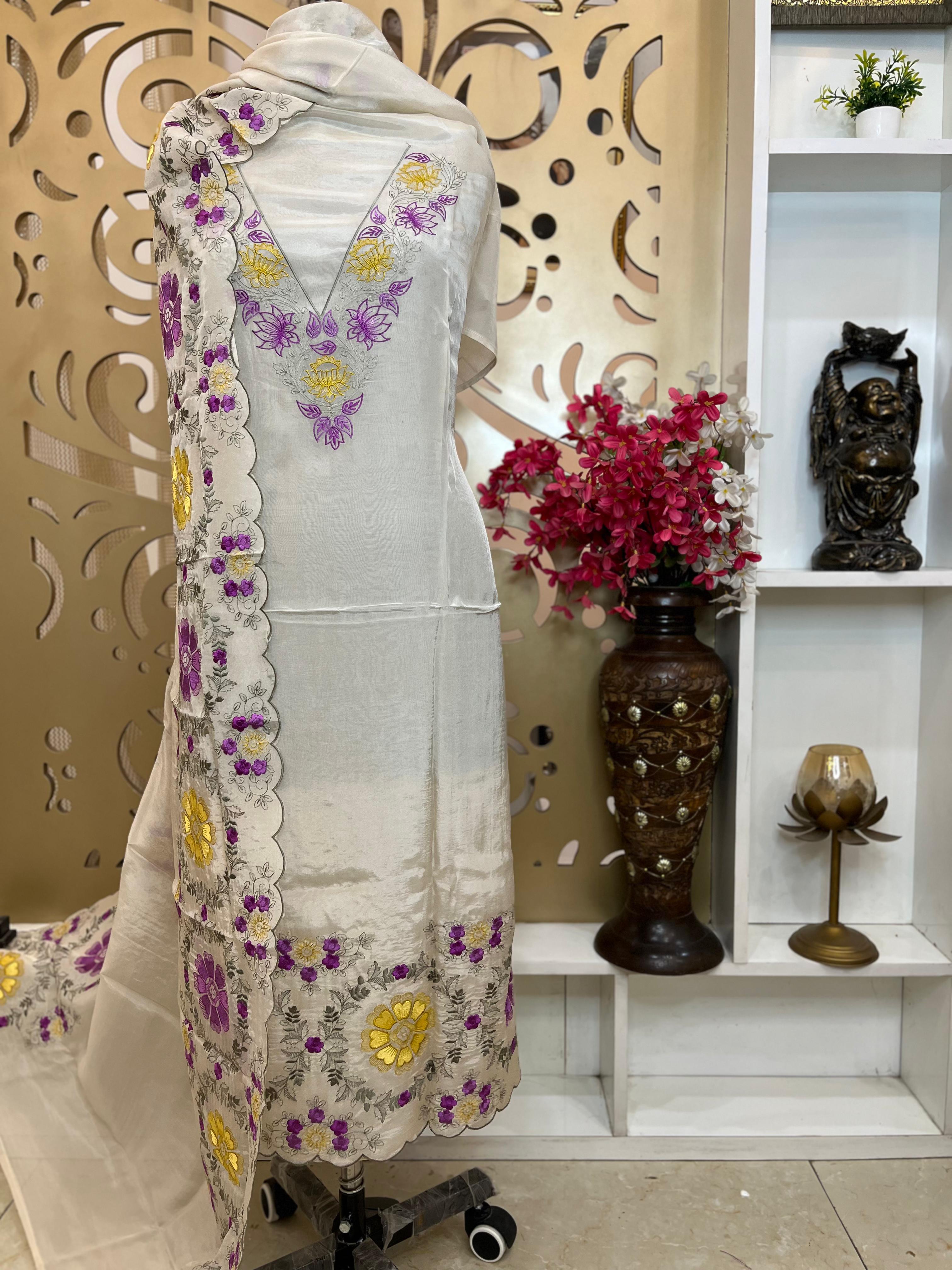 Glass Organza Simar Silk Suit with Opada Bottom & Embroidered Dupatta