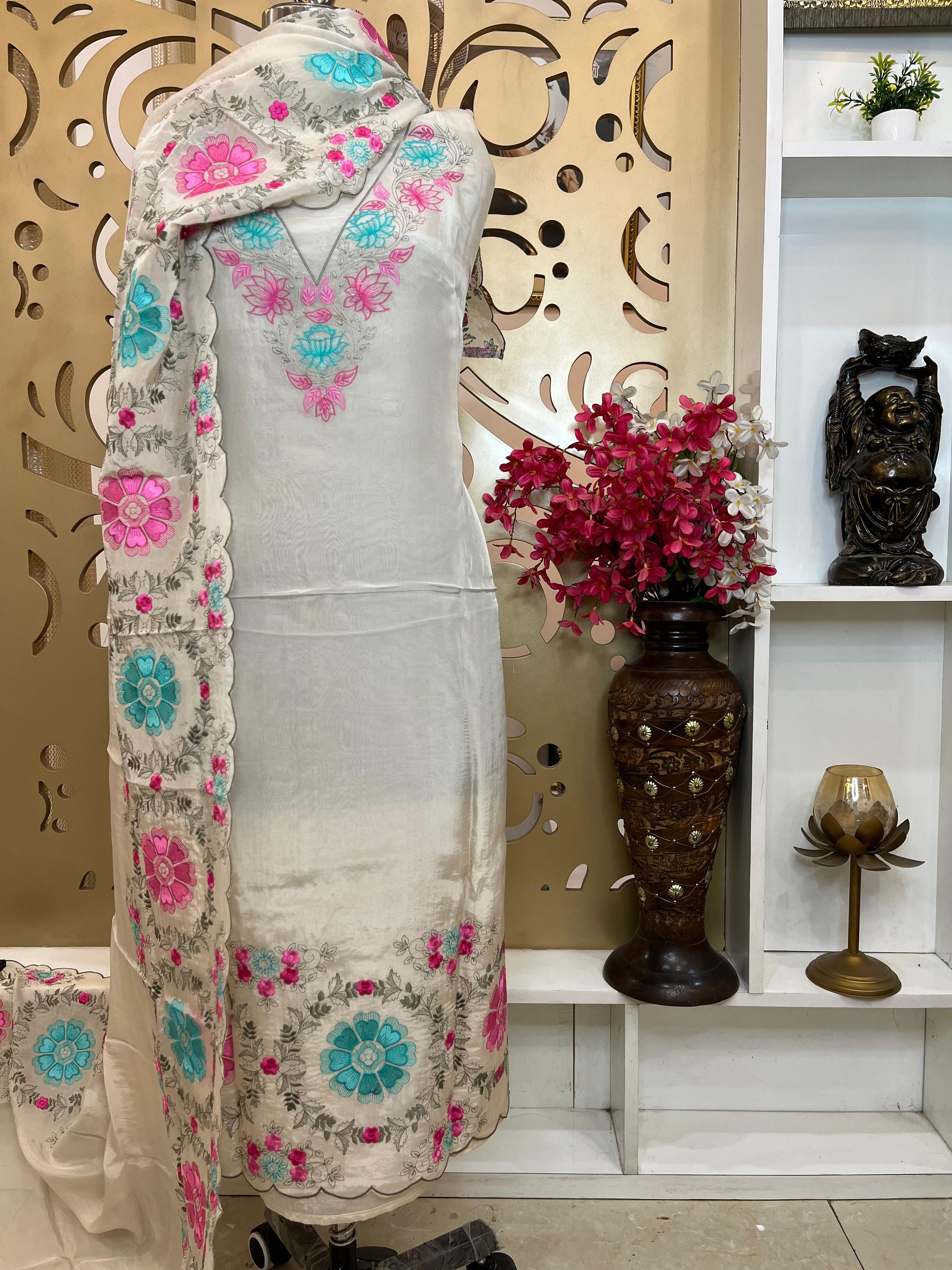 Glass Organza Simar Silk Suit with Opada Bottom & Embroidered Dupatta