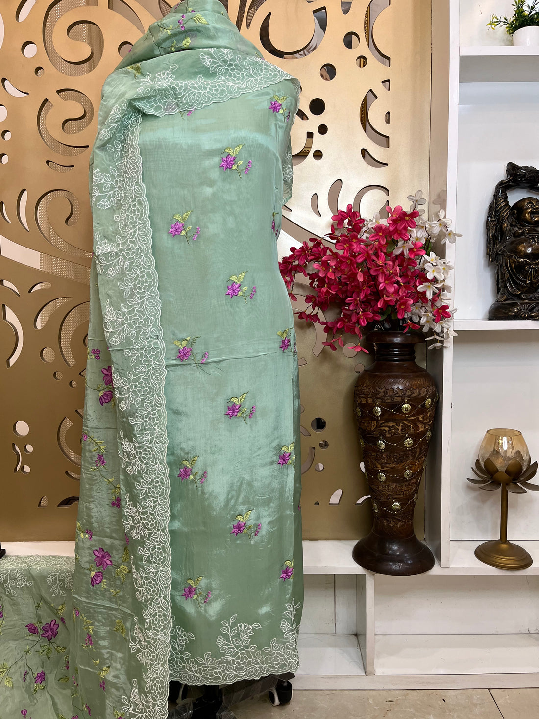 Glass Organza Simar Silk Suit with Pure Opada Bottom & Shimmer Embroidered Dupatta