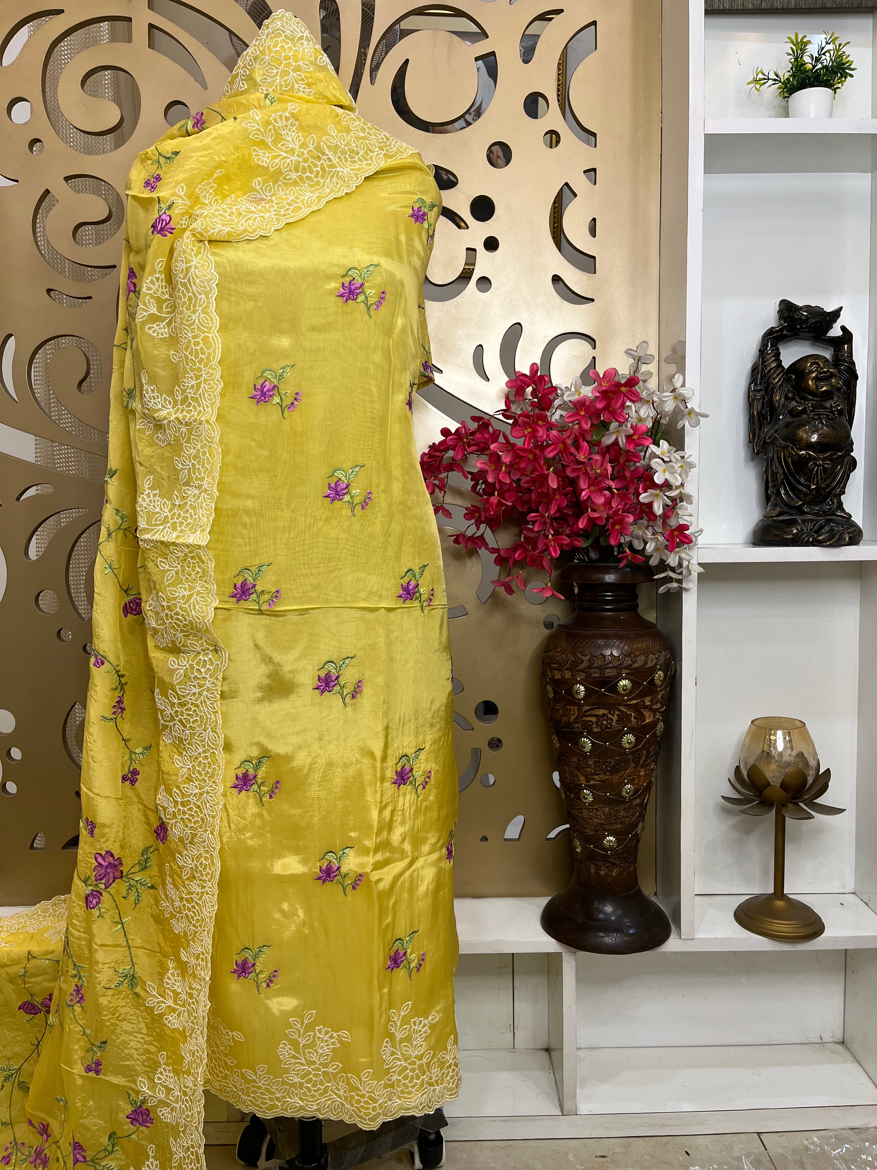 Glass Organza Simar Silk Suit with Pure Opada Bottom & Shimmer Embroidered Dupatta