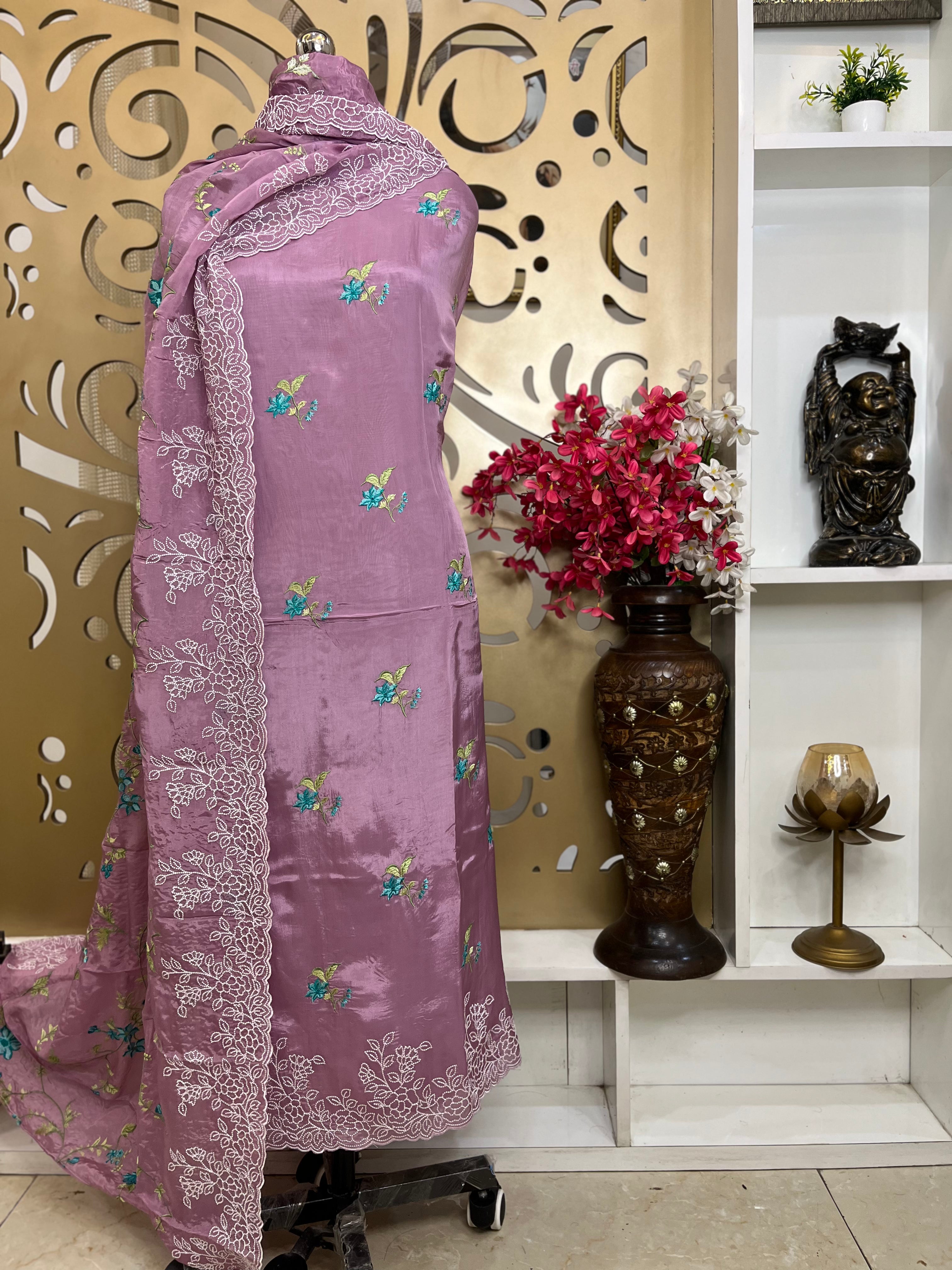 Glass Organza Simar Silk Suit with Pure Opada Bottom & Shimmer Embroidered Dupatta