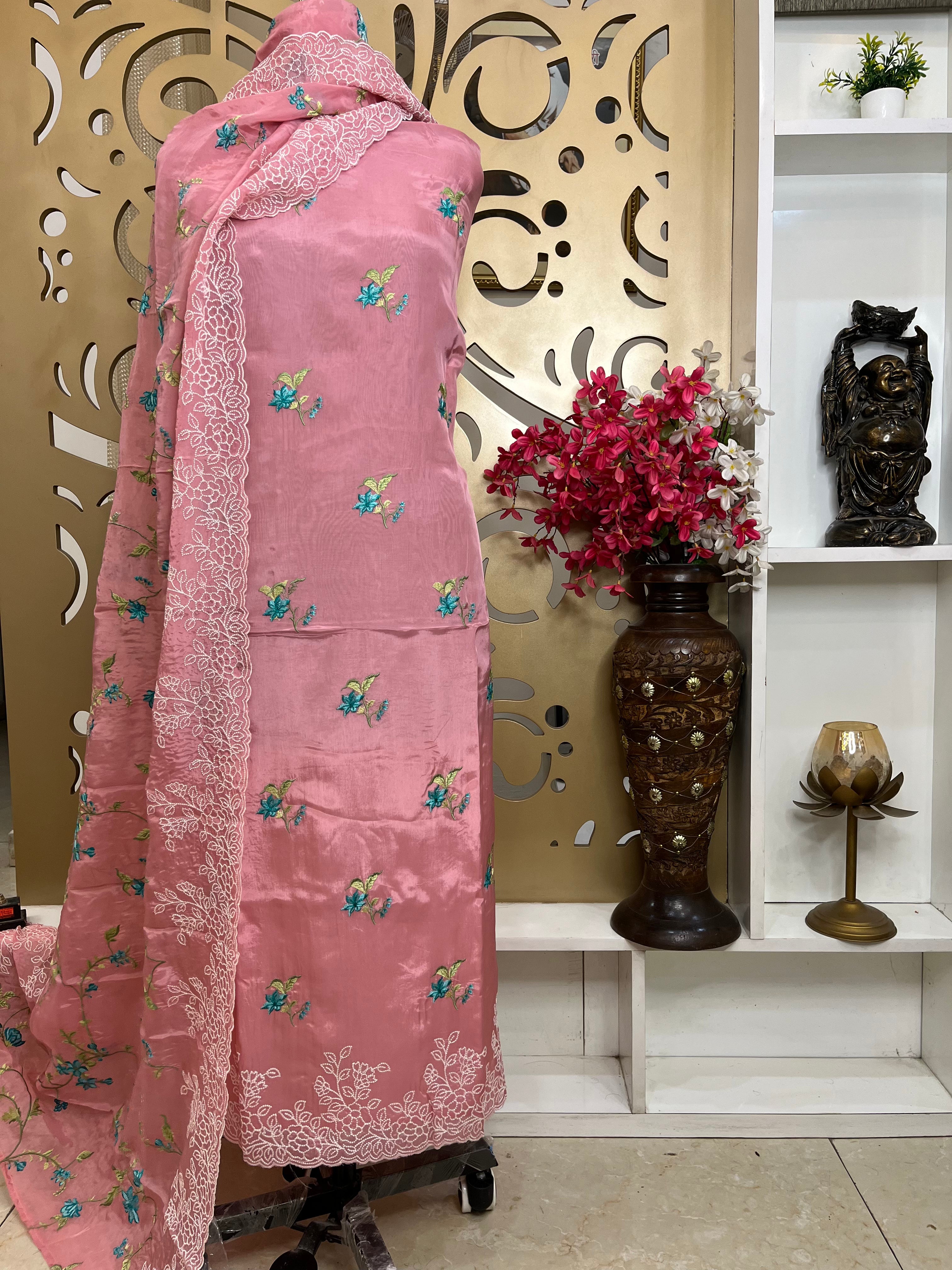 Glass Organza Simar Silk Suit with Pure Opada Bottom & Shimmer Embroidered Dupatta