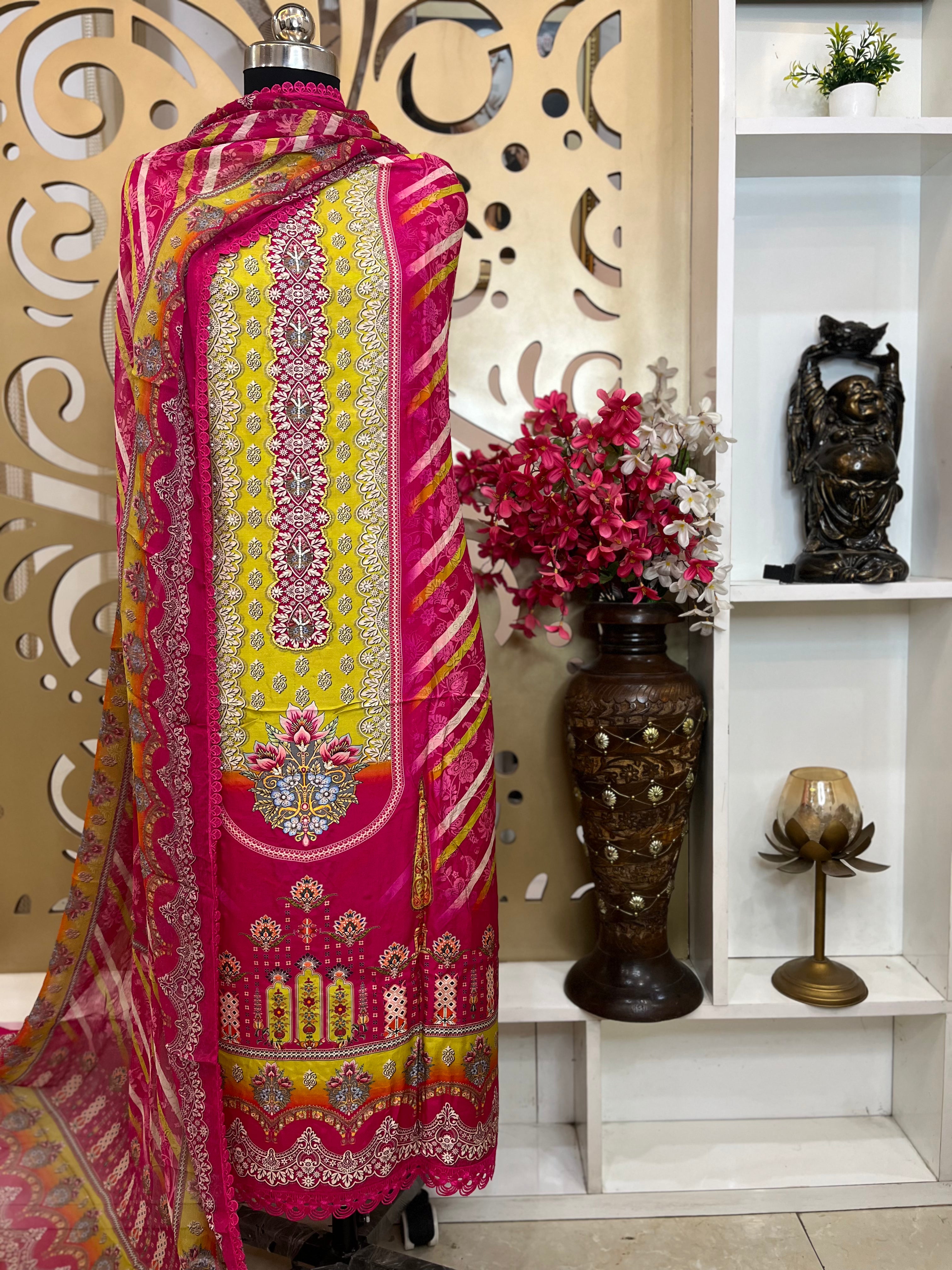 Maslin Shirt with Moti Work & Digital Print, Chiffon Dupatta & Rayon Cotton Bottom