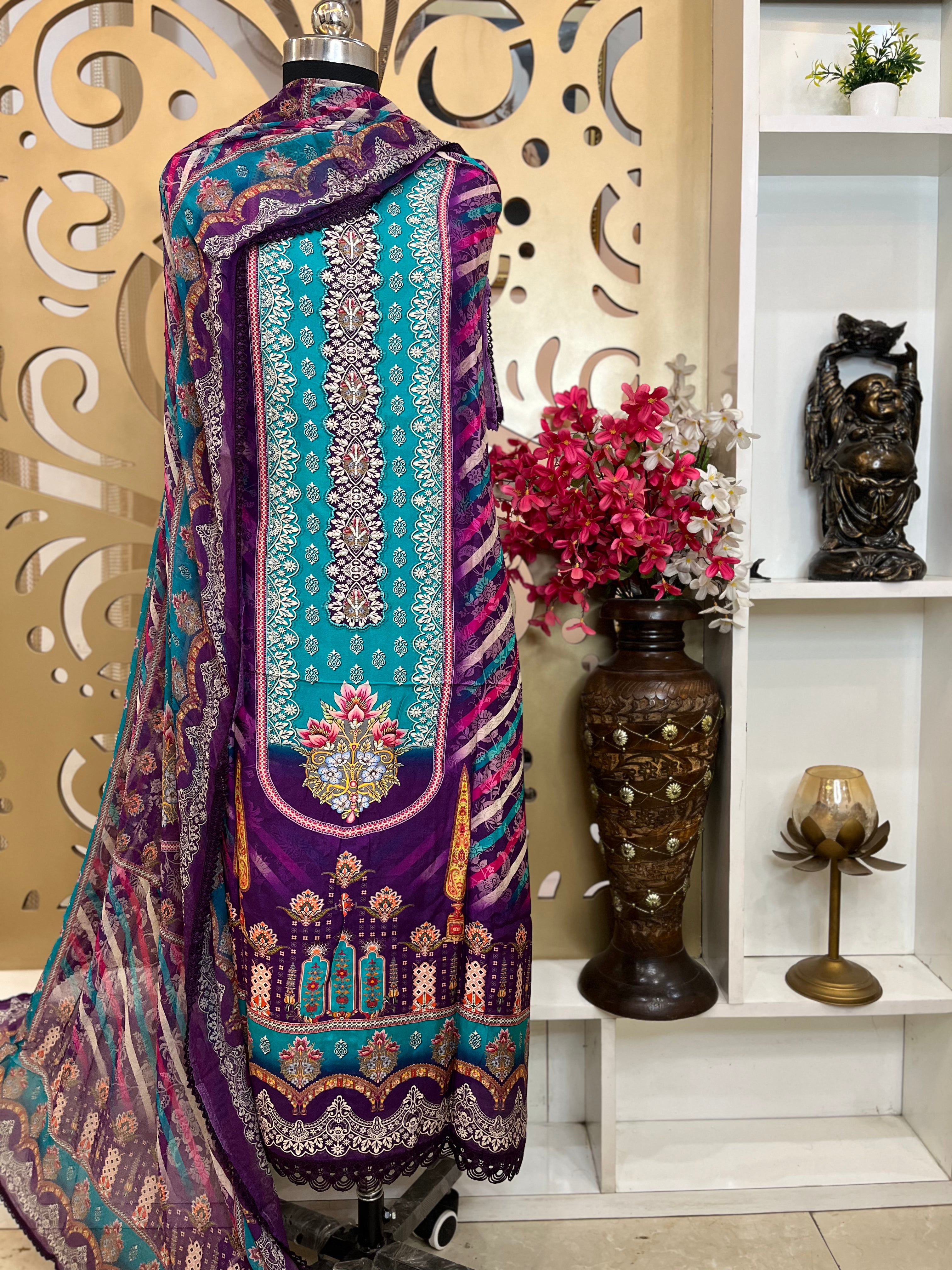 Maslin Shirt with Moti Work & Digital Print, Chiffon Dupatta & Rayon Cotton Bottom