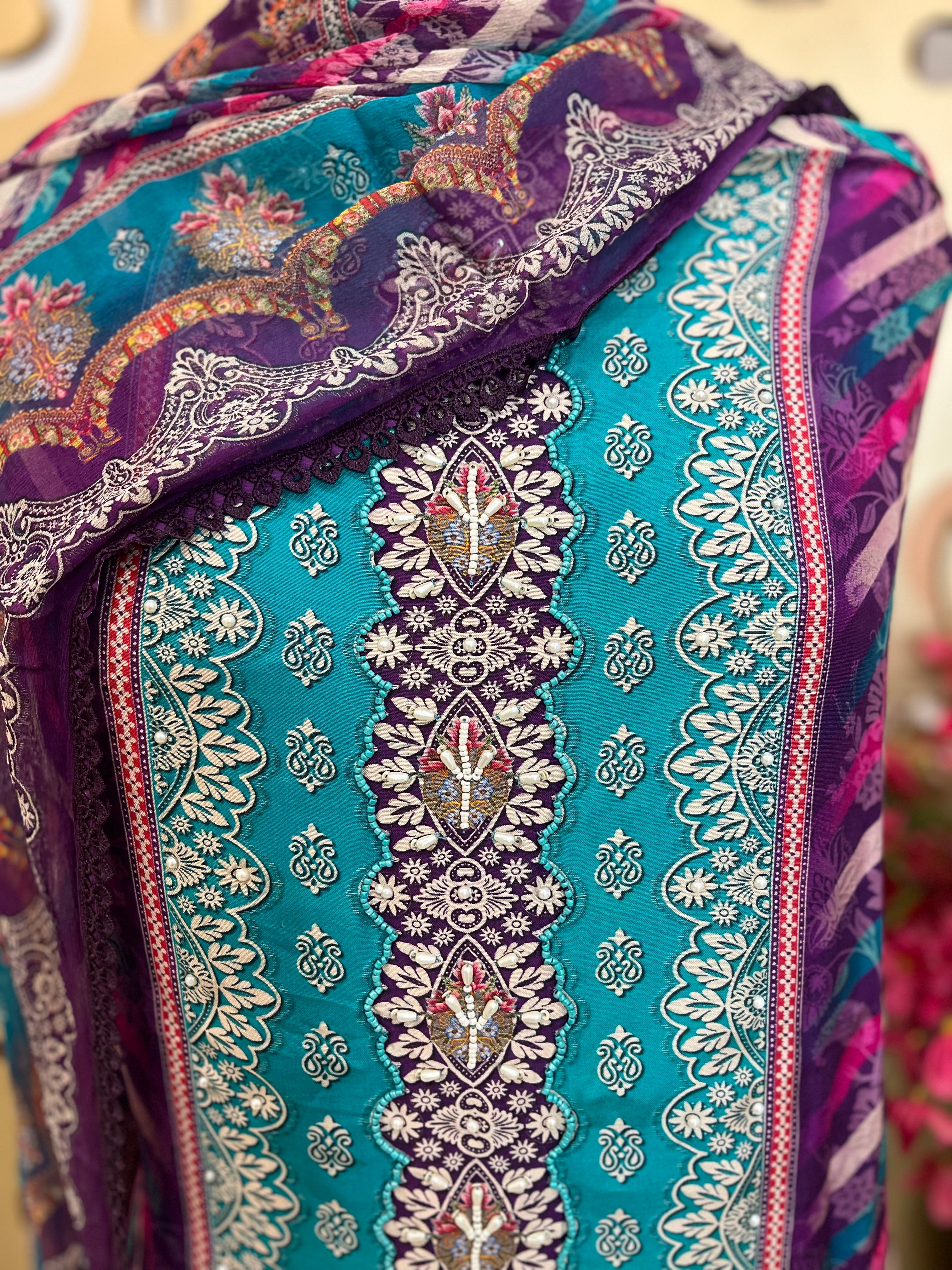 Maslin Shirt with Moti Work & Digital Print, Chiffon Dupatta & Rayon Cotton Bottom