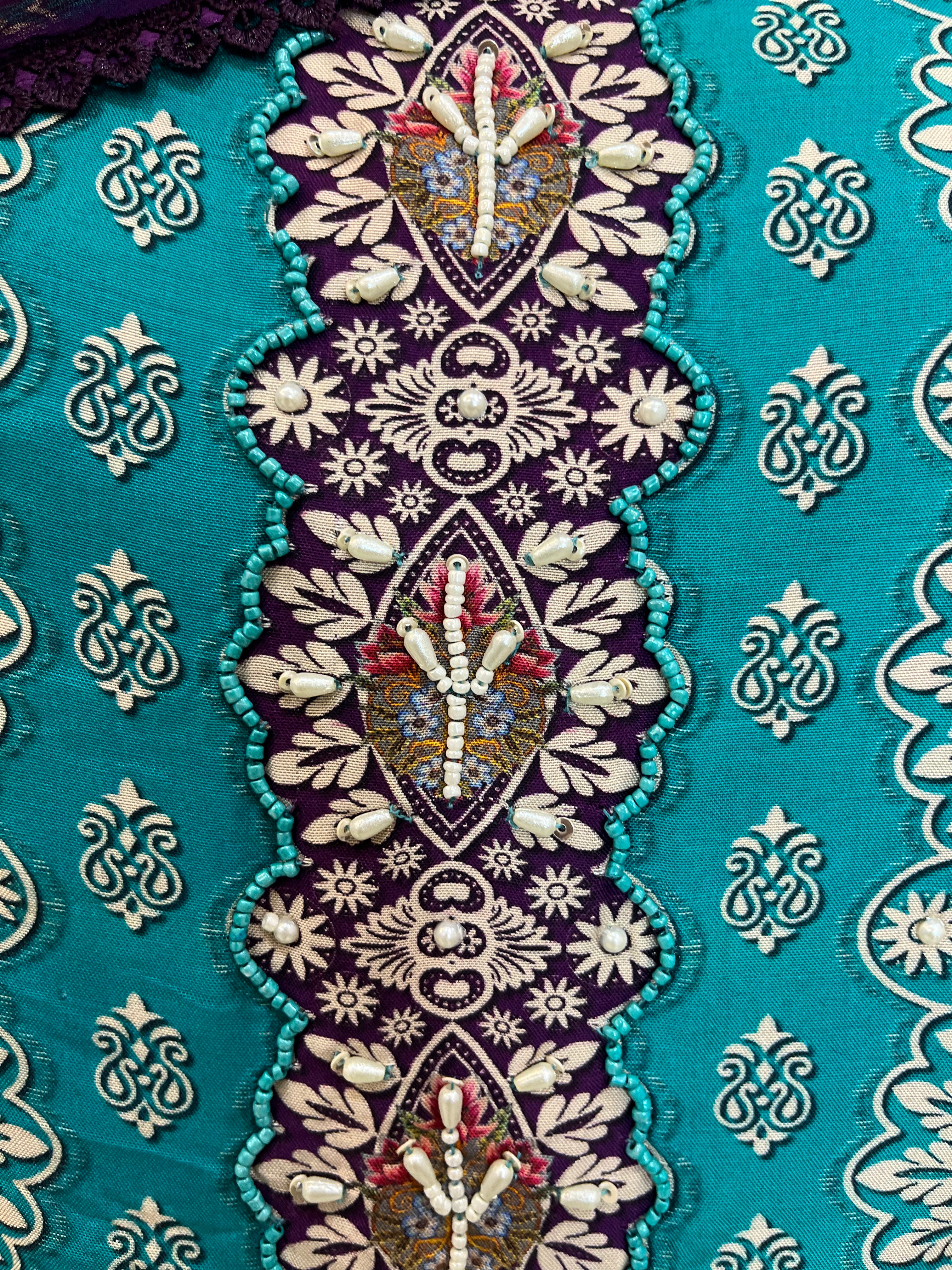 Maslin Shirt with Moti Work & Digital Print, Chiffon Dupatta & Rayon Cotton Bottom