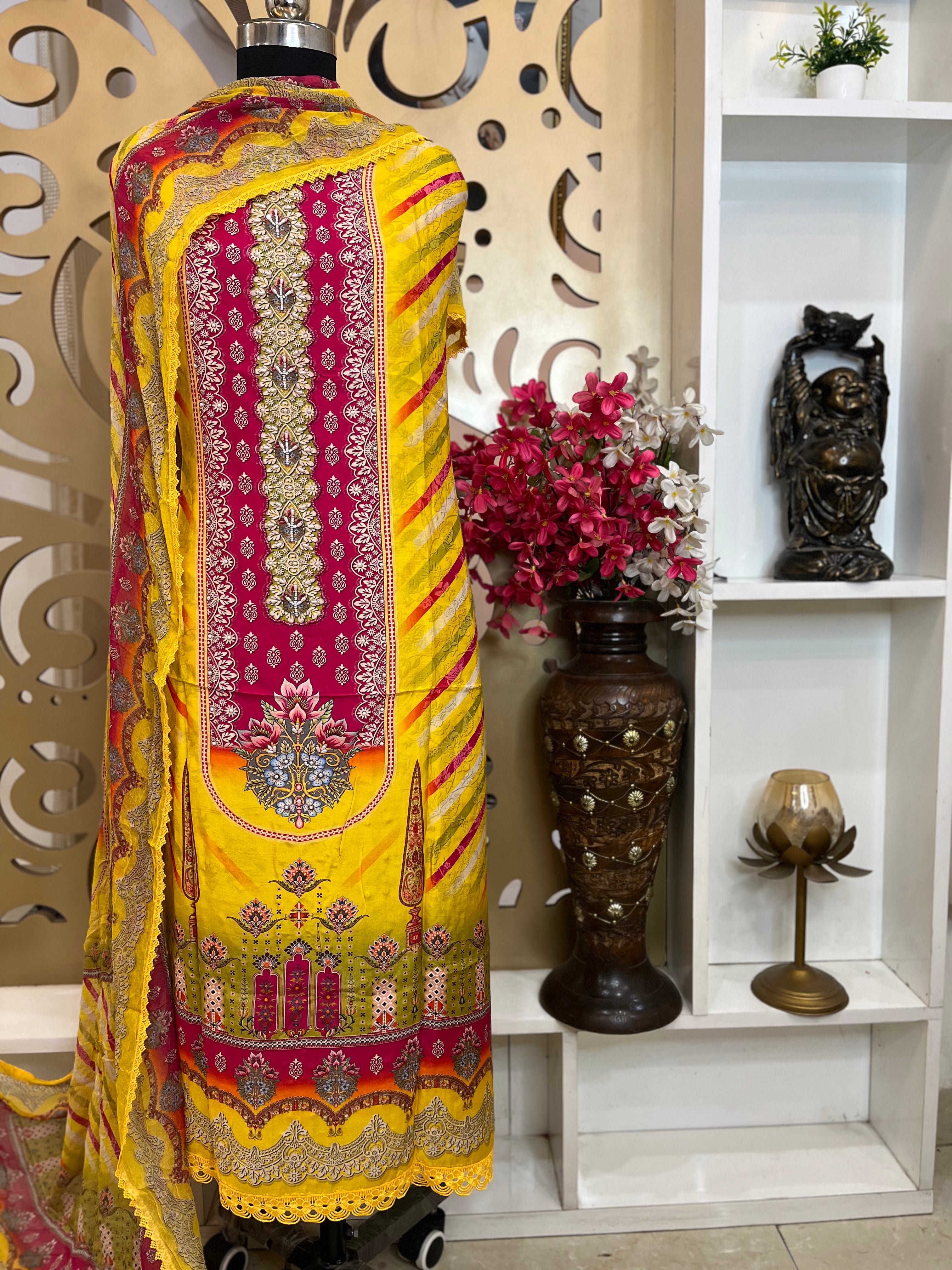 Maslin Shirt with Moti Work & Digital Print, Chiffon Dupatta & Rayon Cotton Bottom