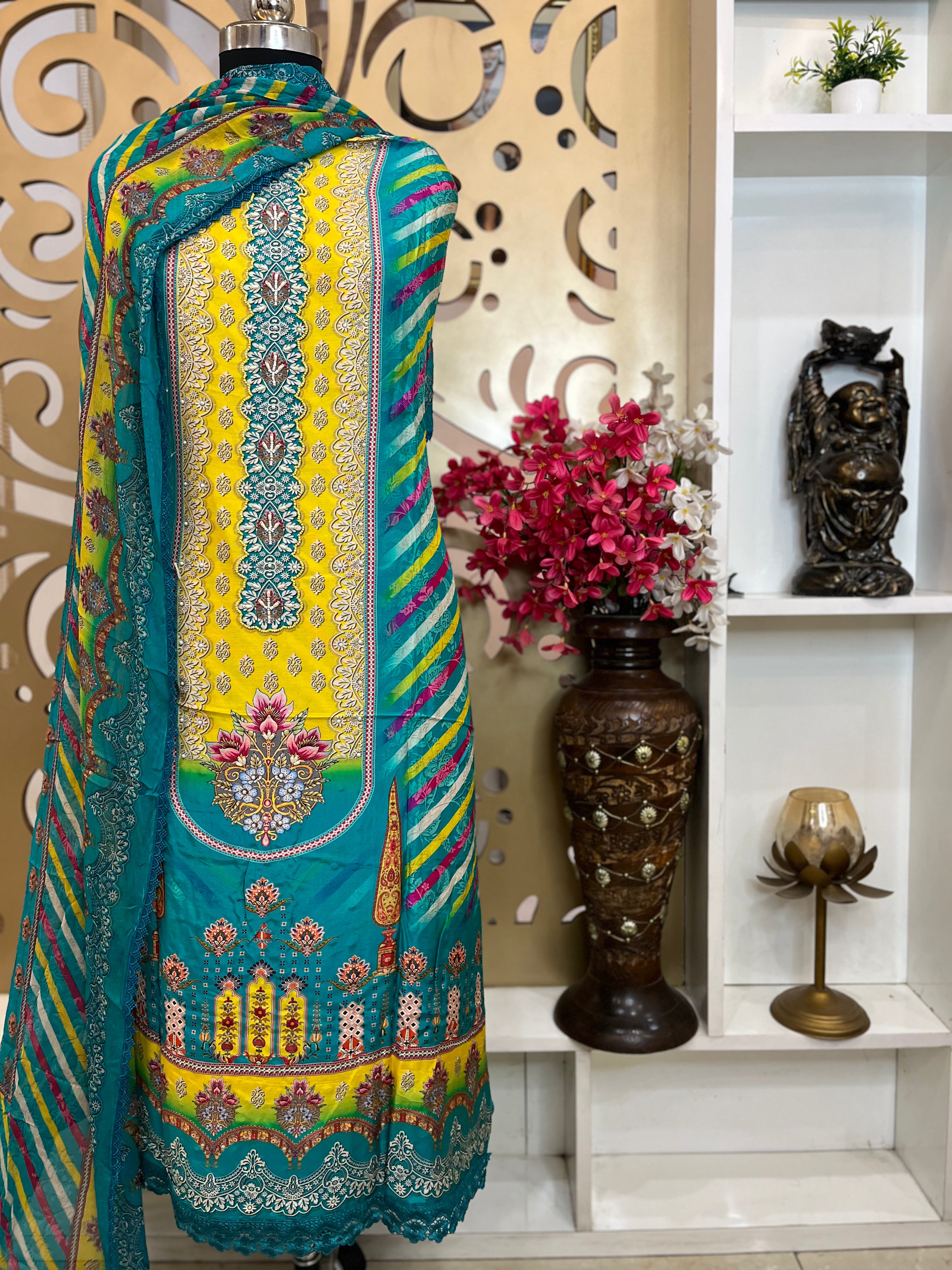 Maslin Shirt with Moti Work & Digital Print, Chiffon Dupatta & Rayon Cotton Bottom