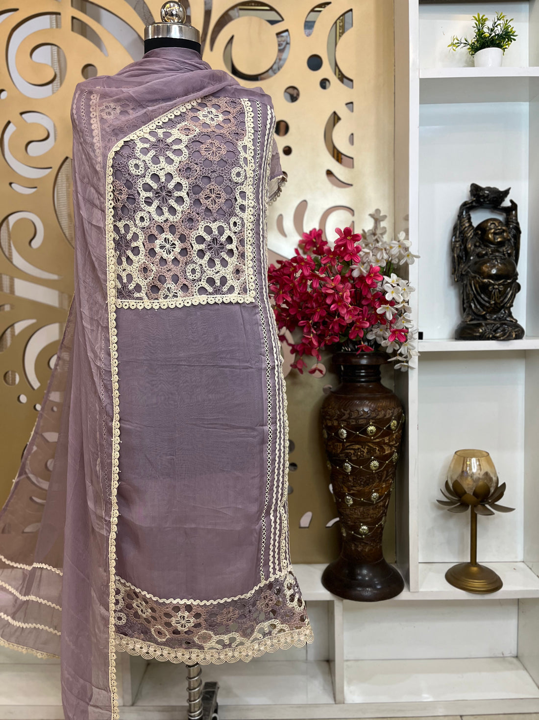 Organza Shirt with Dubai Cutwork Embroidery, Chiffon Dupatta & Shantoon Bottom