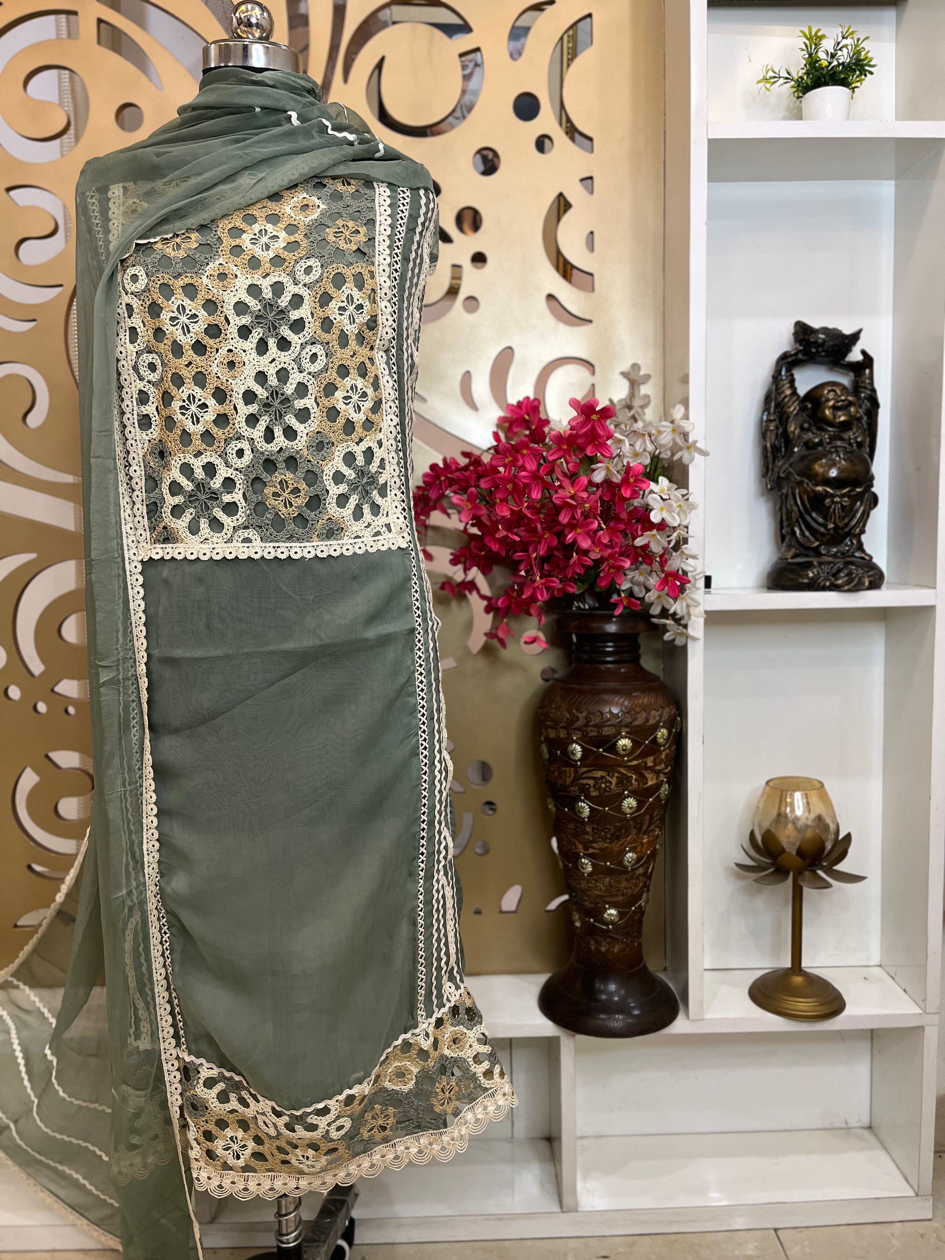 Organza Shirt with Dubai Cutwork Embroidery, Chiffon Dupatta & Shantoon Bottom