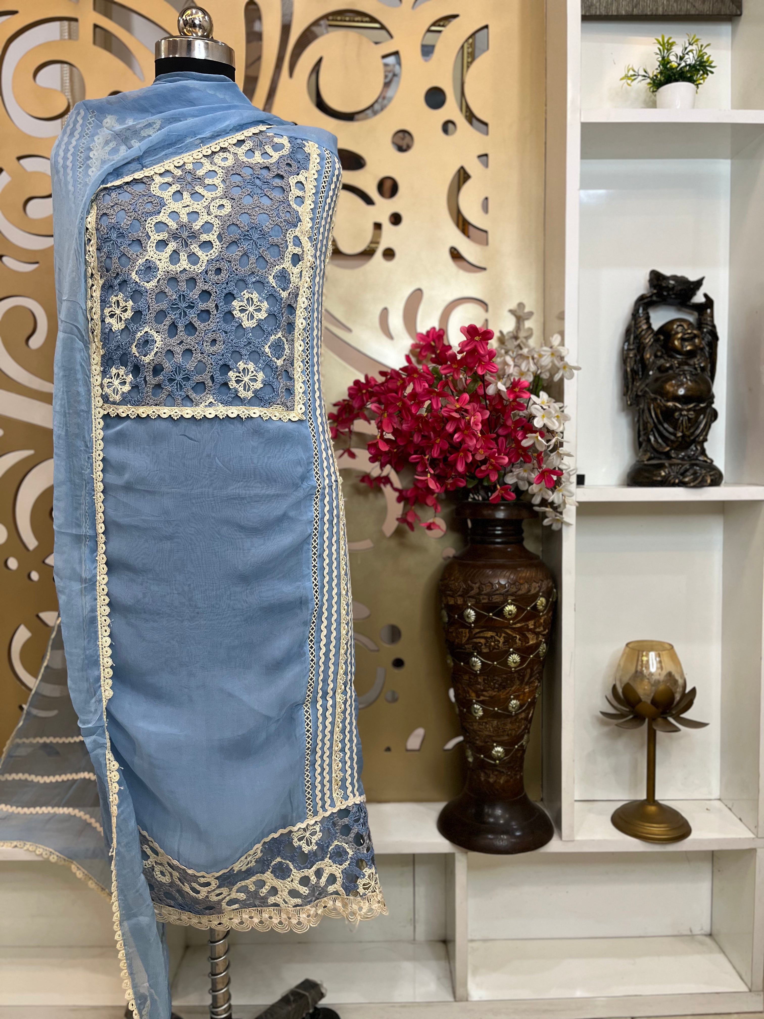 Organza Shirt with Dubai Cutwork Embroidery, Chiffon Dupatta & Shantoon Bottom