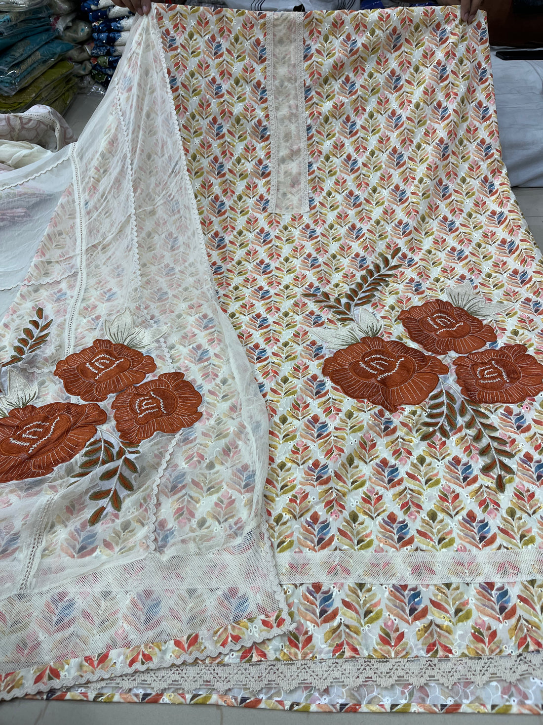 Chicken Digital Print Embroidered Suit with Cotton Bottom & Chiffon Patch Embroidered Dupatta