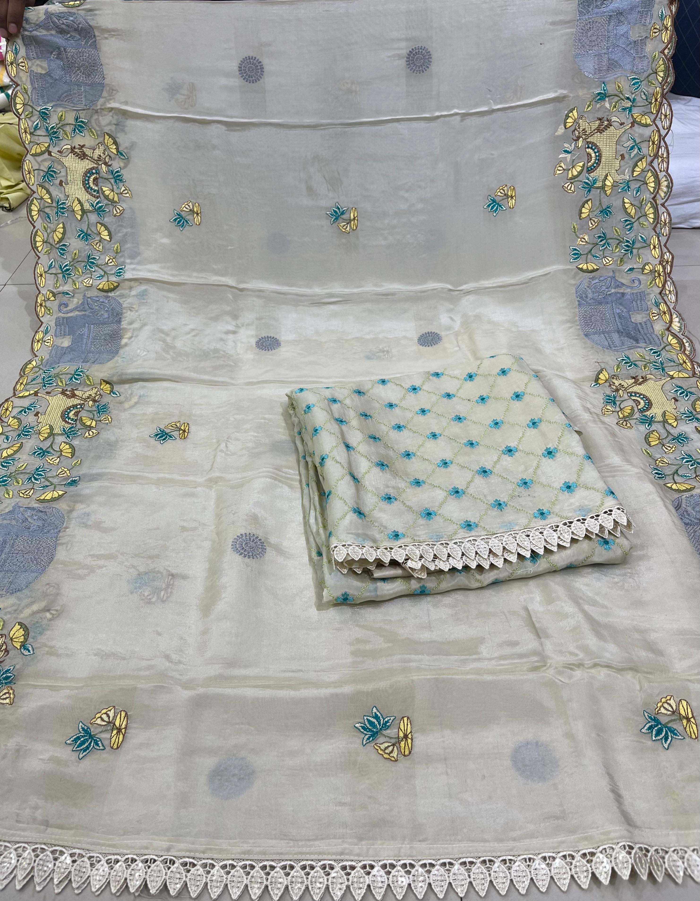 Glass Organza Simar Silk Suit with Opada Bottom & Shimmer Embroidered Dupatta